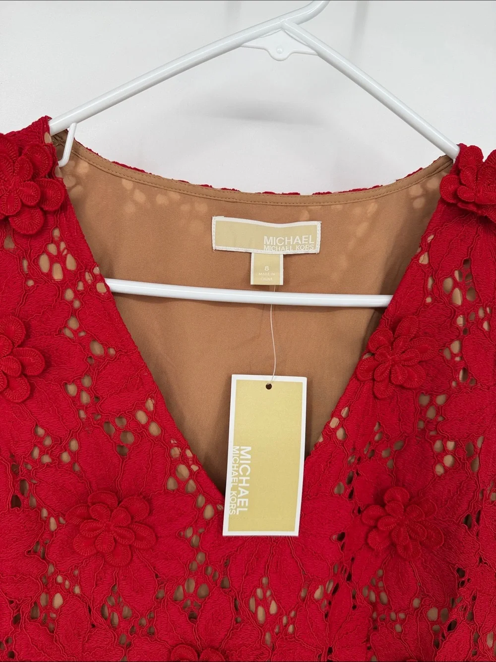 Michael Kors Scarlet Red Floral Lace Appliqué Dress NWT size 8